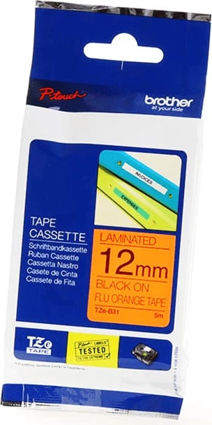 Shirit etiketues, Brother, TZe-B31, 12mm x 5m, i laminuar, i zi mbi portokalli