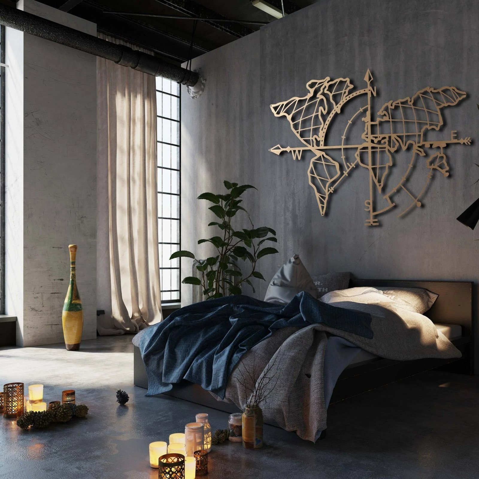 Aksesor dekorativ për mur, hartë bote me busull, metalik, ngjyrë ari, Wallity, 65x95cm