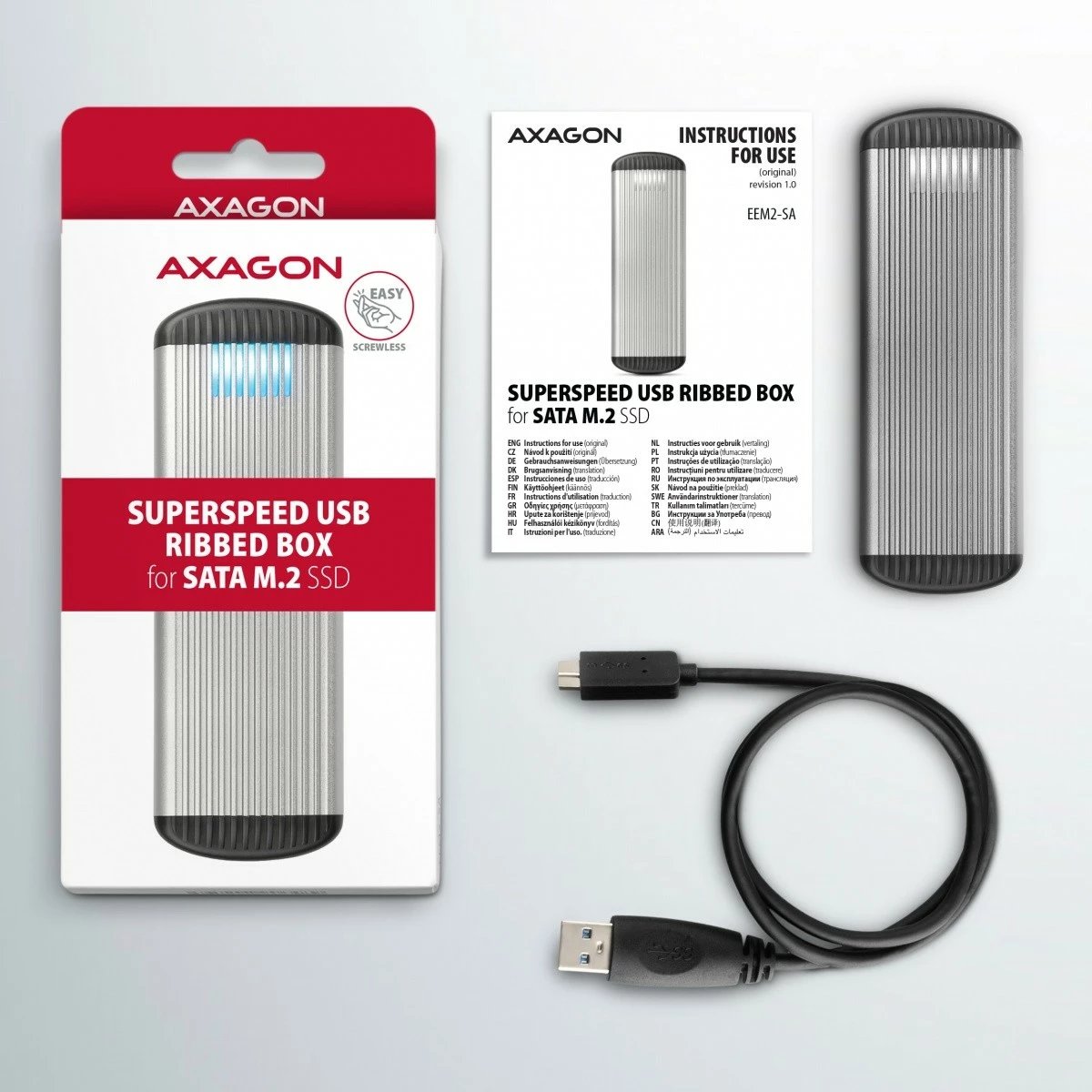 Kasë e jashtme AXAGON EEM2-SA për M.2 SATA SSD, USB 3.2 Gen 1, Alumini, E zezë/Argjendtë