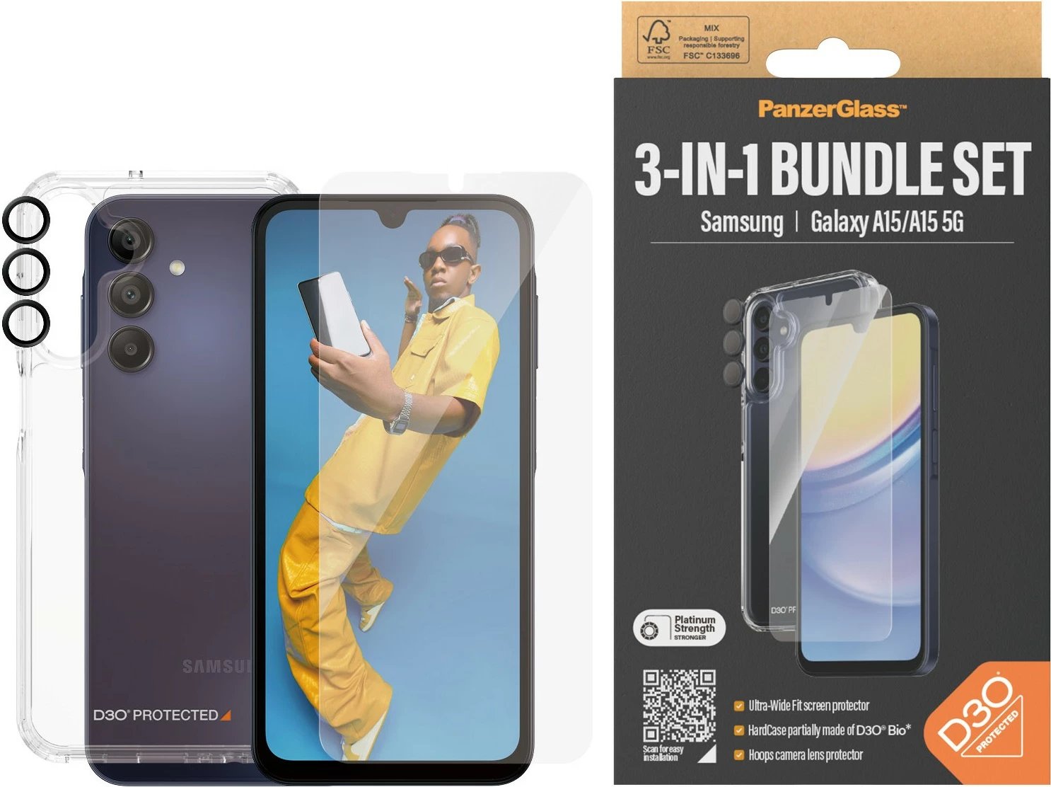 Mbështjellës PanzerGlass Samsung Galaxy A15/A15 5G, set 3-në-1, transparent
