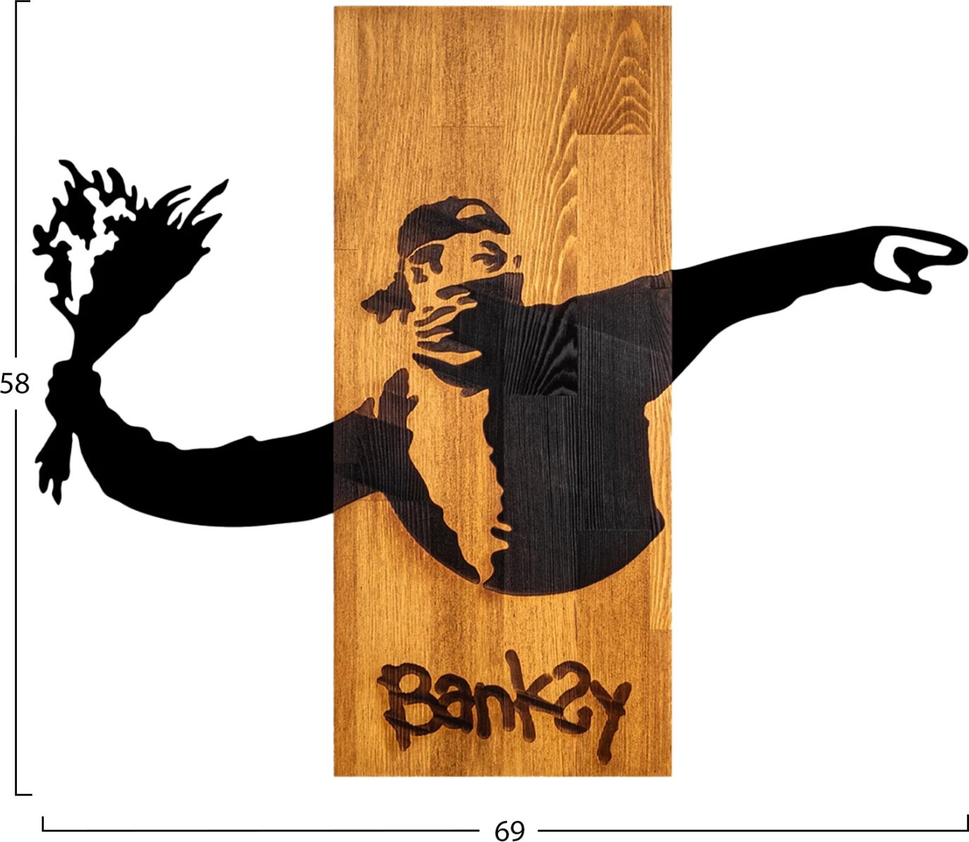 Dekor muri Banksy, metal i zi, dru natyral, 69x3x58cm