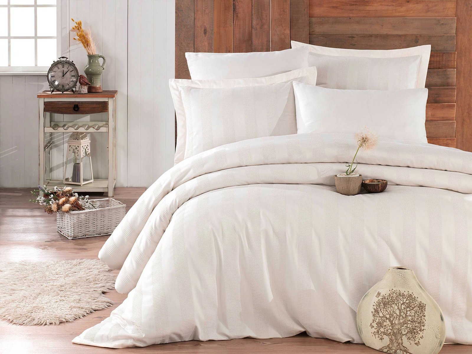 Set mbulesash për jorgan dopio, saten, krem, L'essentiel, Wafel