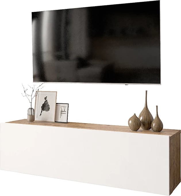 Njësi muri për TV, ngjyrë bardhë-lisi, 100x31,5x29,5cm