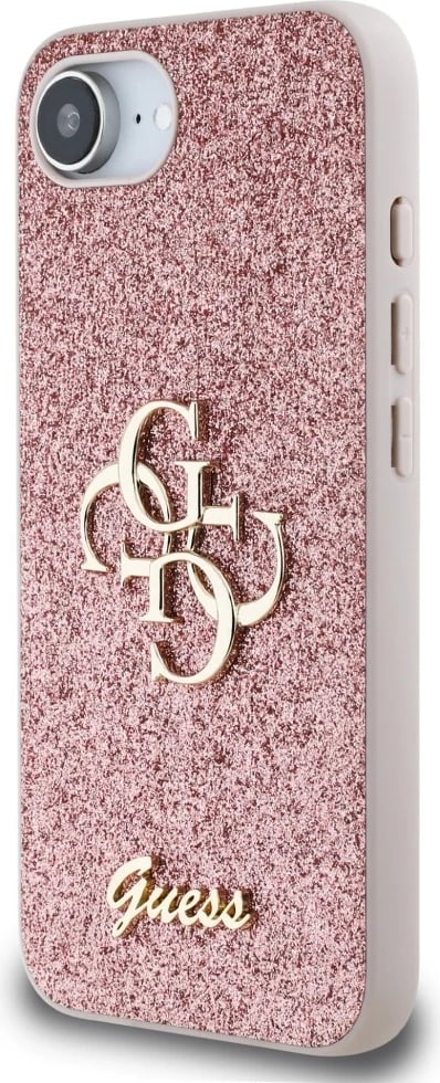 Mbështjellës, Guess, Fixed Glitter Big 4G, për iPhone 16e, hardcase eco-lëkurë/TPU/PC, rozë