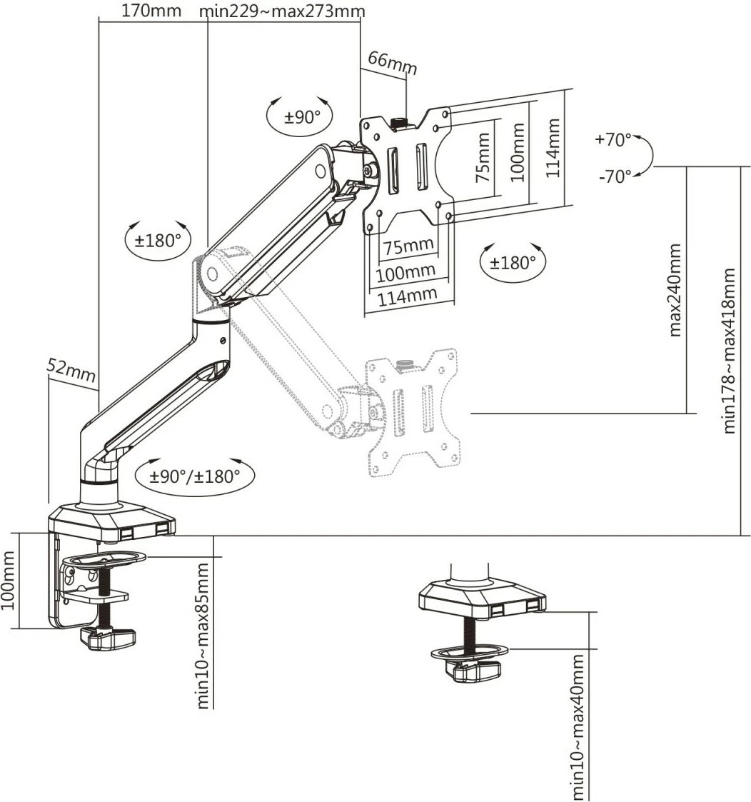 Mbajtës tavoline për monitor Maclean Ergo Office ER-447, 17-32", alumini, argjendtë