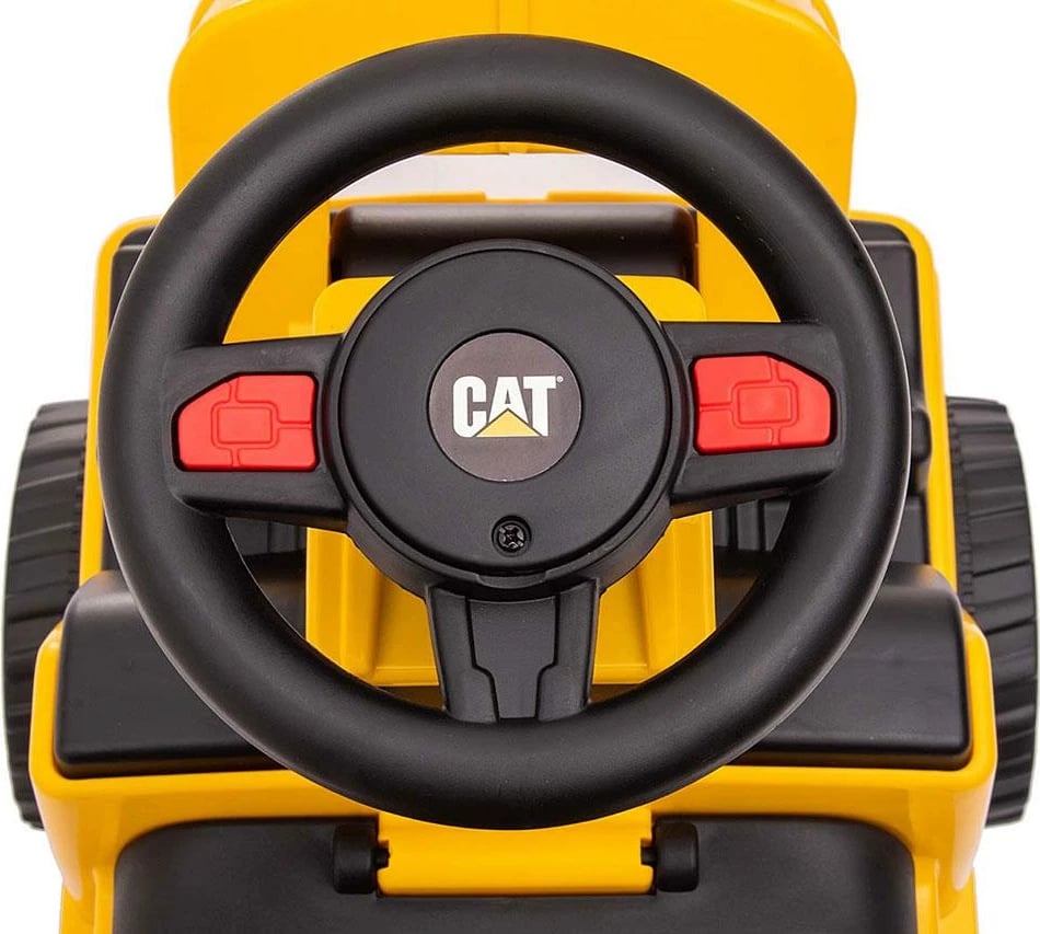 mjet ride-on ngarkues, Milly Mally CAT, timon me zë borie, dy blloqe kundër përmbysjes, magazinim nën ulëse, 12–36 muaj, deri 25 kg, e verdhë