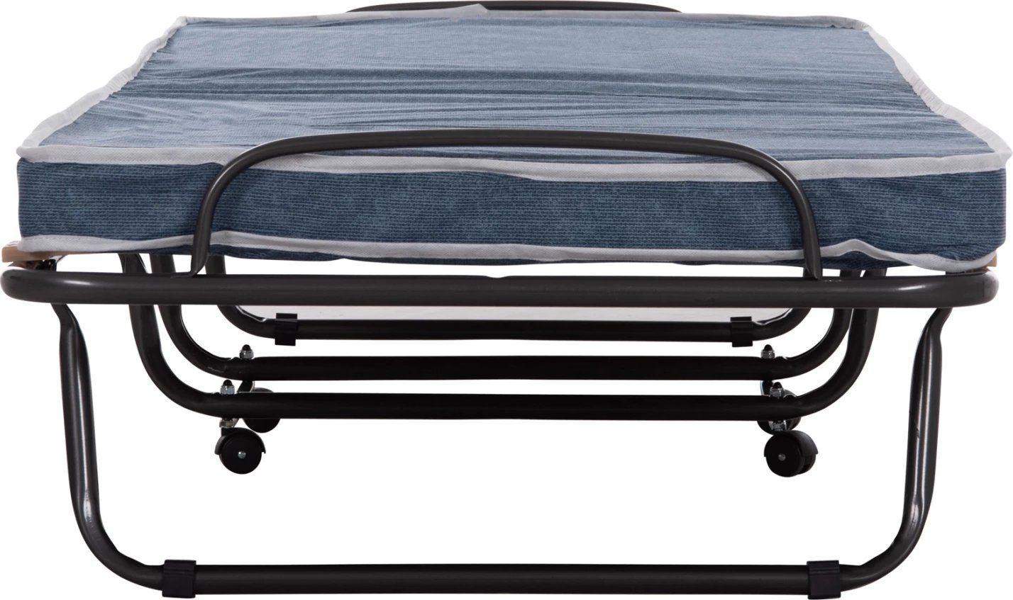Krevat palosës metalik me rrota, dyshek 6.5cm, pamje xhinse blu, 80x183x37.5cm