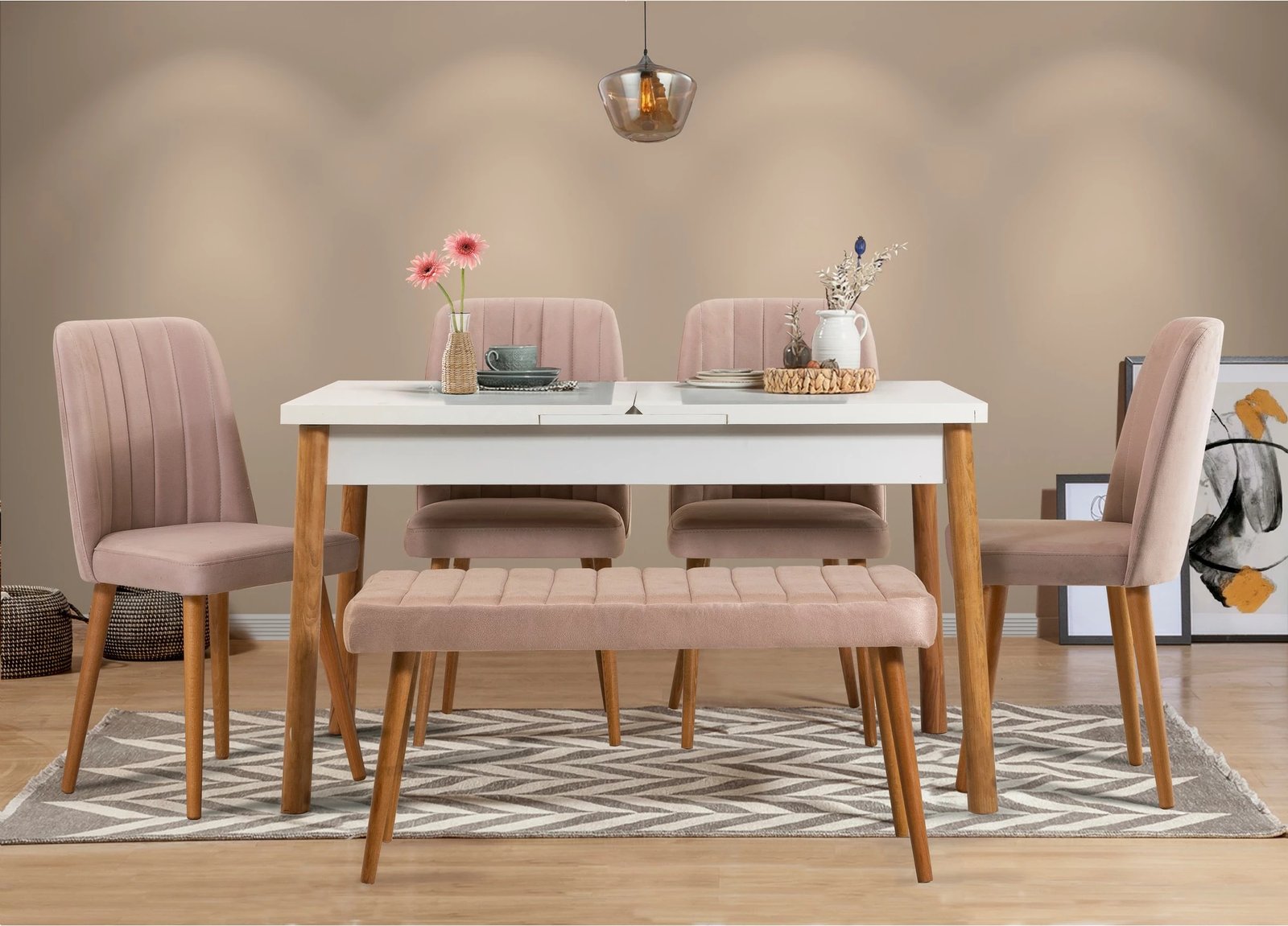 Tavolinë me karrige, set 6 pjesësh, Santiago, ngjyrë Atlantic-White Stone, e zgjatshme