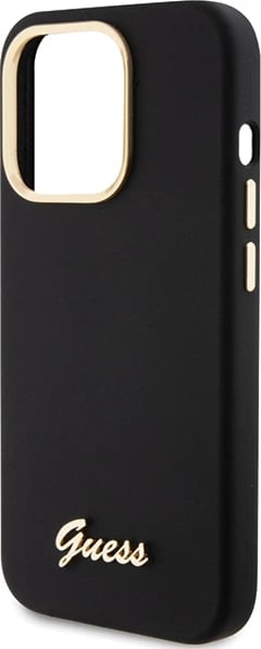 Mbështjellës Guess Silicone Script Metal Logo & Frame për iPhone 15 Pro Max, i zi