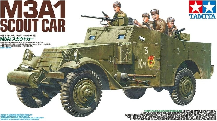 Model plastik Tamiya M3A1 Scout Car 1:35, për modelistë, Jeshile