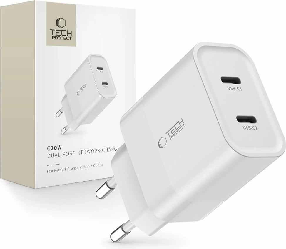 Karikues rrjeti Tech-Protect C20W me 2 porta USB-C, 20W, i bardhë