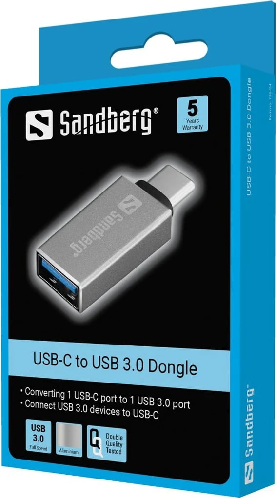 Dongle USB-C në USB 3.0 Sandberg, USB 3.2 Gen 1 (3.1 Gen 1) Type-C, USB 3.2 Gen 1 (3.1 Gen 1) Type-A, Argjend, Alumini