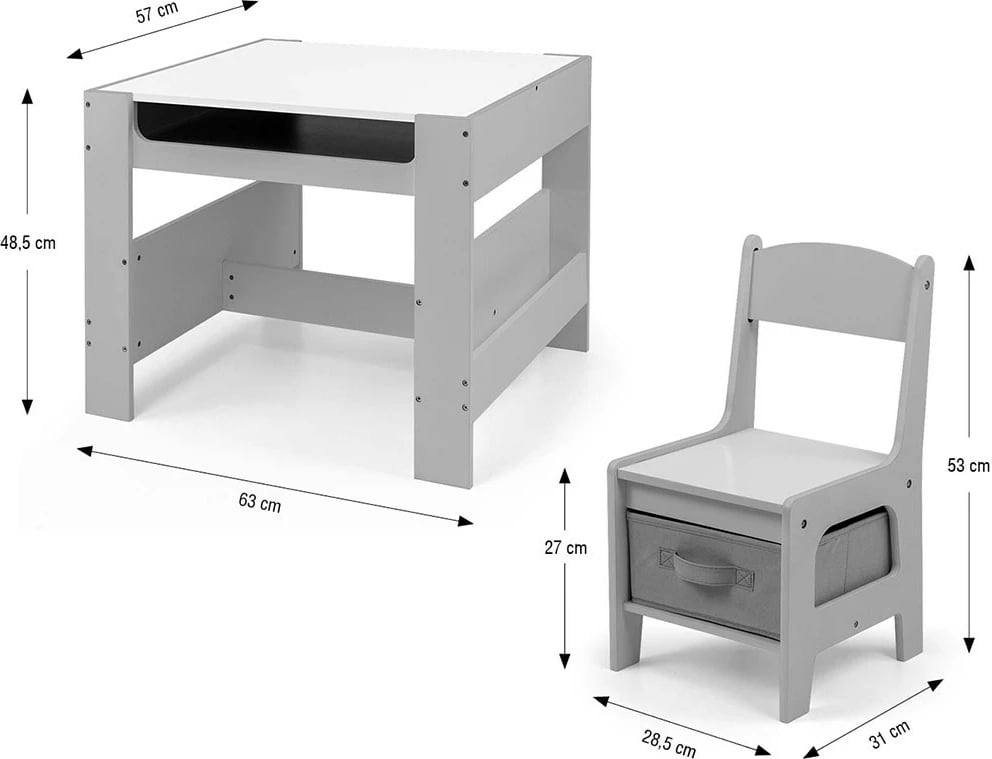 Set mobiljesh për fëmijë Milly Mally Sven tavolinë + 2 karrige me kapak i dyanshëm, dërrasë me shkumës, hapësira ruajtjeje, MDF, gri