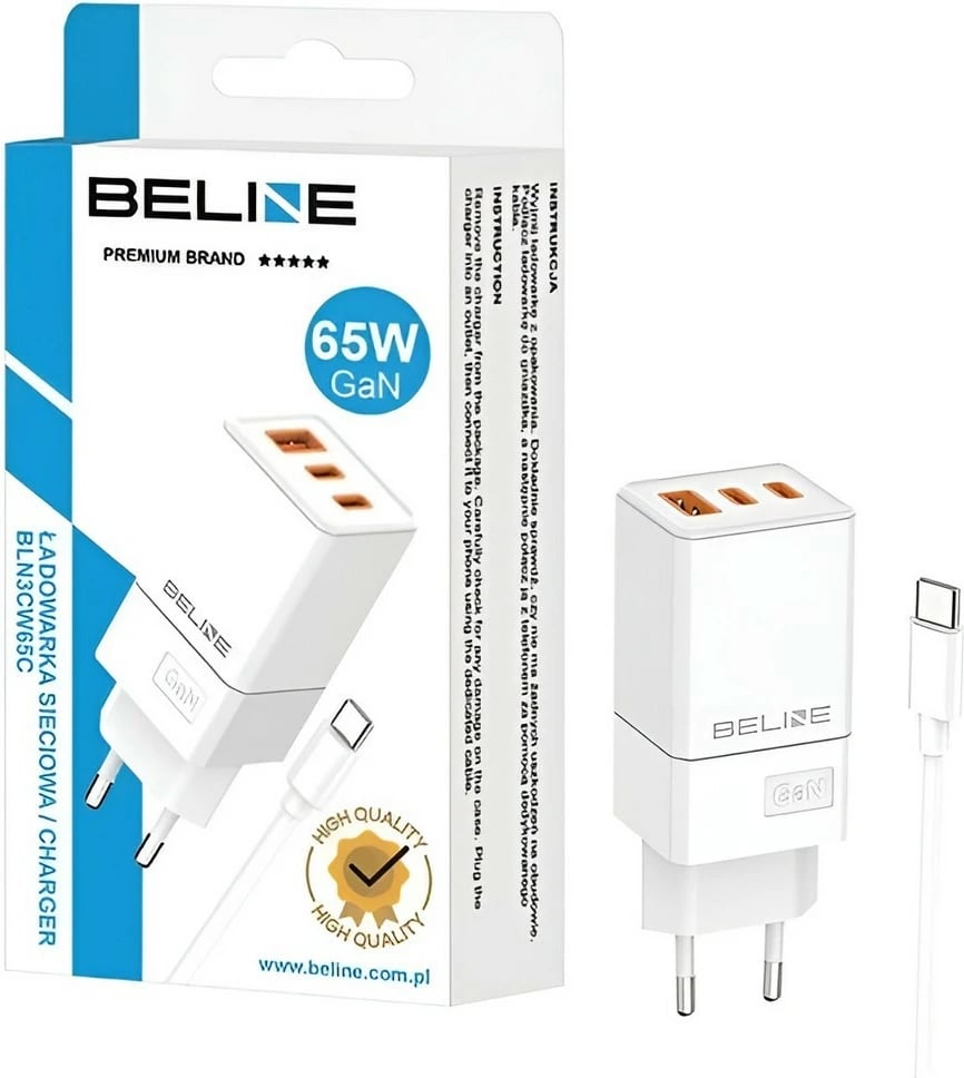 Karikues muri Beline BLN3CW65C, 65W, 2x USB-C + USB-A, me kabllo USB-C, Bardhë