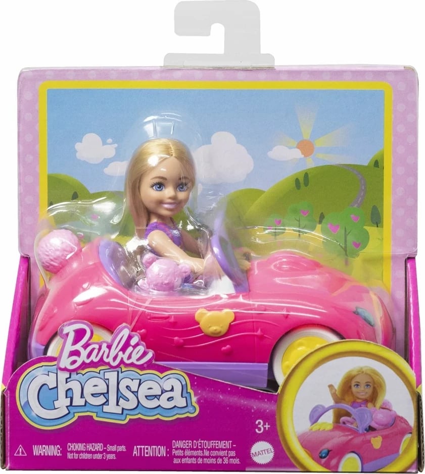 Set lodrash Barbie Chelsea me kukull të vogël bionde, makinë lodër dhe ariush, shumëngjyrëshe