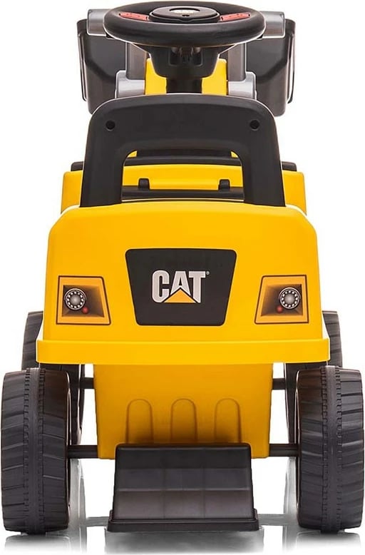 mjet ride-on ngarkues, Milly Mally CAT, timon me zë borie, dy blloqe kundër përmbysjes, magazinim nën ulëse, 12–36 muaj, deri 25 kg, e verdhë