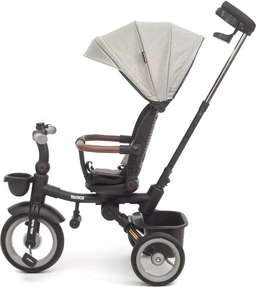 tricikletë për fëmijë, Milly Mally Twinkle, sedilje rrotulluese 180°, timon prindëror i rregullueshëm, dritë LED, kornizë çeliku, gri