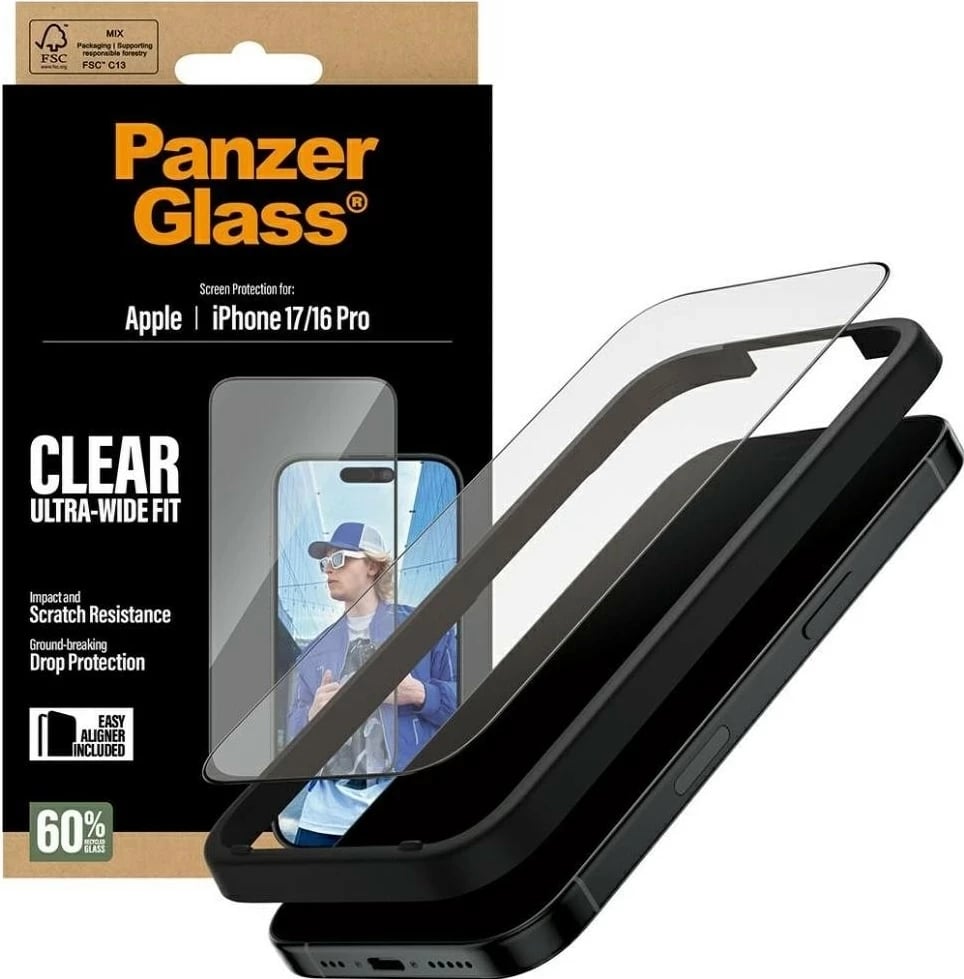 Mbështjellës xhami PanzerGlass Ultra-Wide Fit për iPhone 16 Pro/17, transparent