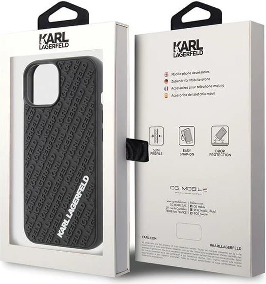 Mbështjellës Karl Lagerfeld 3D Rubber Multi Logo për iPhone 15, i zi