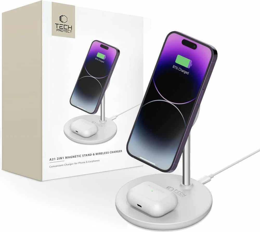 Karikues induktiv 2-në-1 Tech-Protect QI15W-A21 me MagSafe, 15W, për smartphone dhe kufje, Bardhë