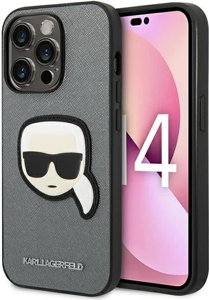 Mbështjellës Karl Lagerfeld KLHCP14LSAPKHG për iPhone 14 Pro 6.1", Saffiano Karl's Head Patch, argjendtë