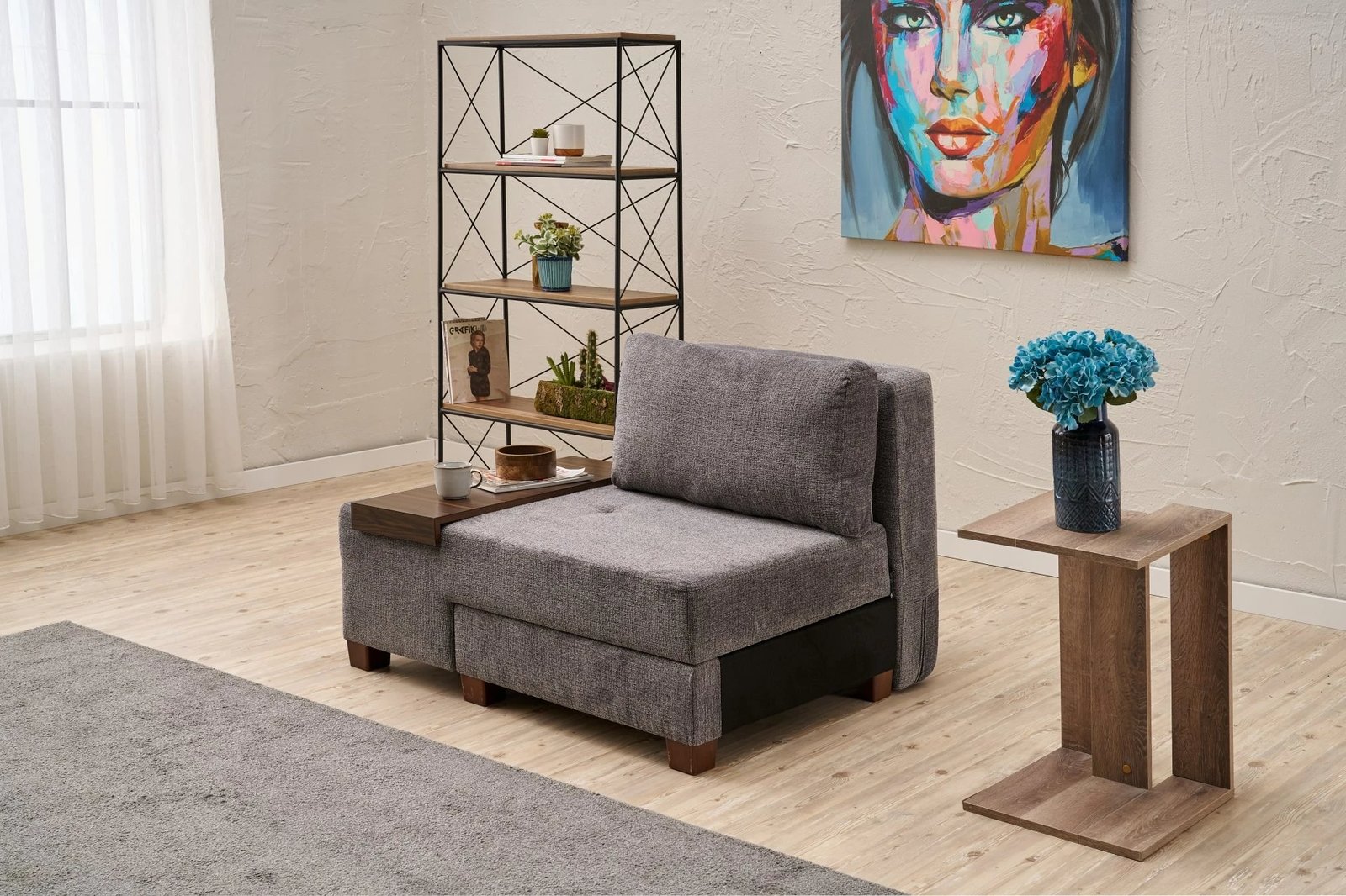 Krevat-kolltuk një vendësh, Atelier del Sofa, Perenna Chenille, kënd majtas, ngjyrë gri