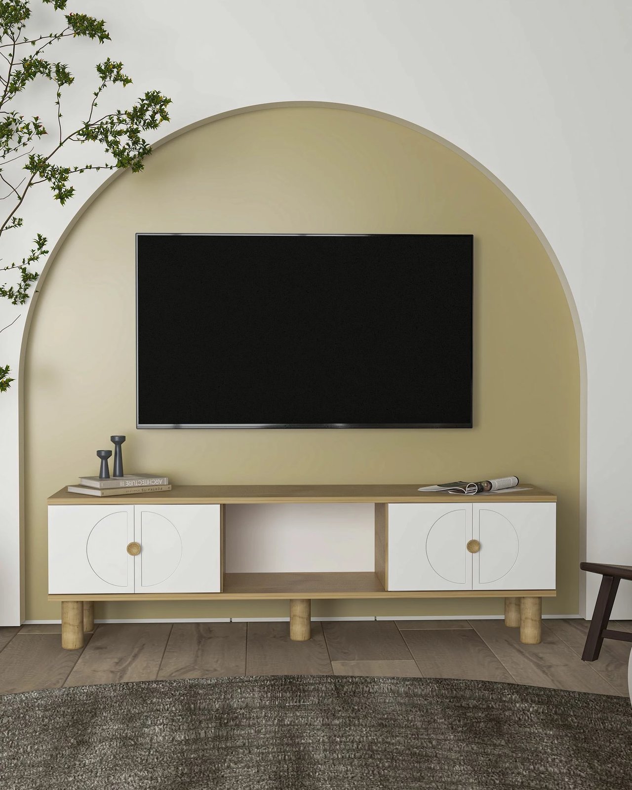 Komodë TV Skye Decor, ngjyrë lisi Sapphire, e bardhë