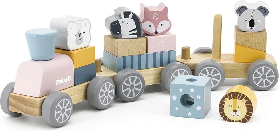 tren druri me kafshë, Viga PolarB, 3 vagona me blloqe, 33 cm, për 18+ muaj, multingjyrësh, set