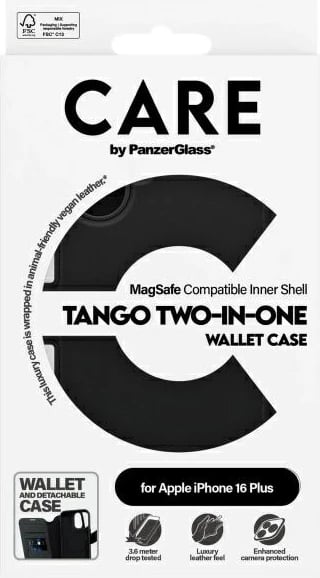 Mbështjellës PanzerGlass CARE Tango 2in1 Wallet MagSafe për iPhone 16 Plus, Zi