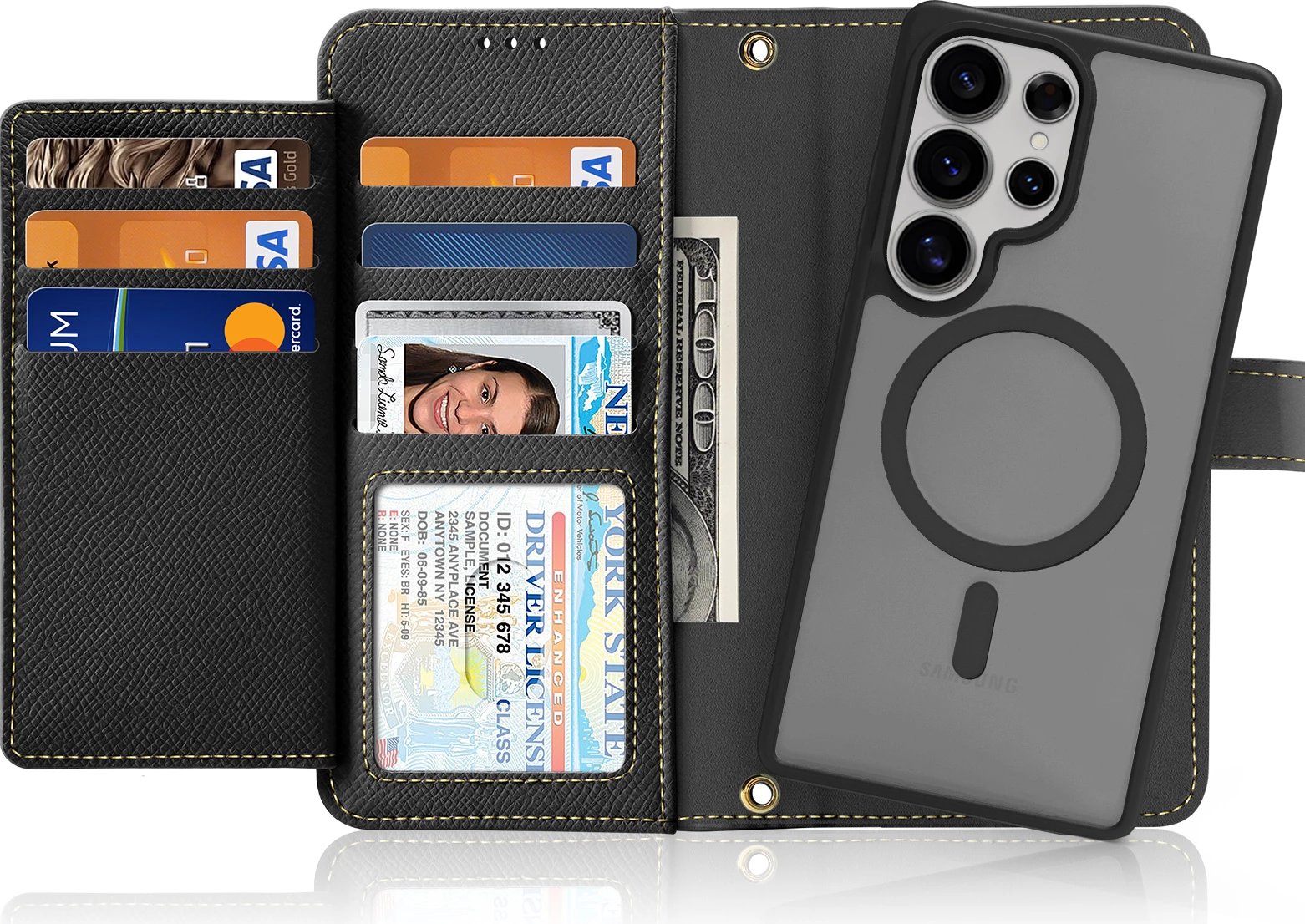 Mbështjellës Dux Ducis Lawa për Samsung Galaxy S25 Ultra, lëkurë, me portofol magnetik të ndashëm, i zi