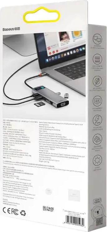 Kasë Baseus Metal Gleam Series CAHUB-CU0G 9-në-1, USB-C, HDMI, VGA, Ethernet, Gri