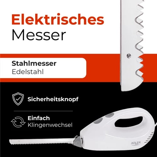 Thikë elektrike, Adler AD 4512, 180 W, 2 sete tehe inox, buton sigurie, teh 17 cm, e bardhë