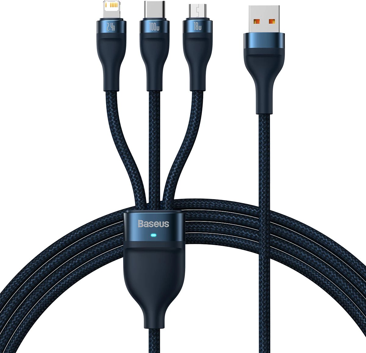 Kabllo karikimi Baseus Flash Series II, 1.2m, USB-A në USB-C/Lightning/micro USB, 100W, Kaltër
