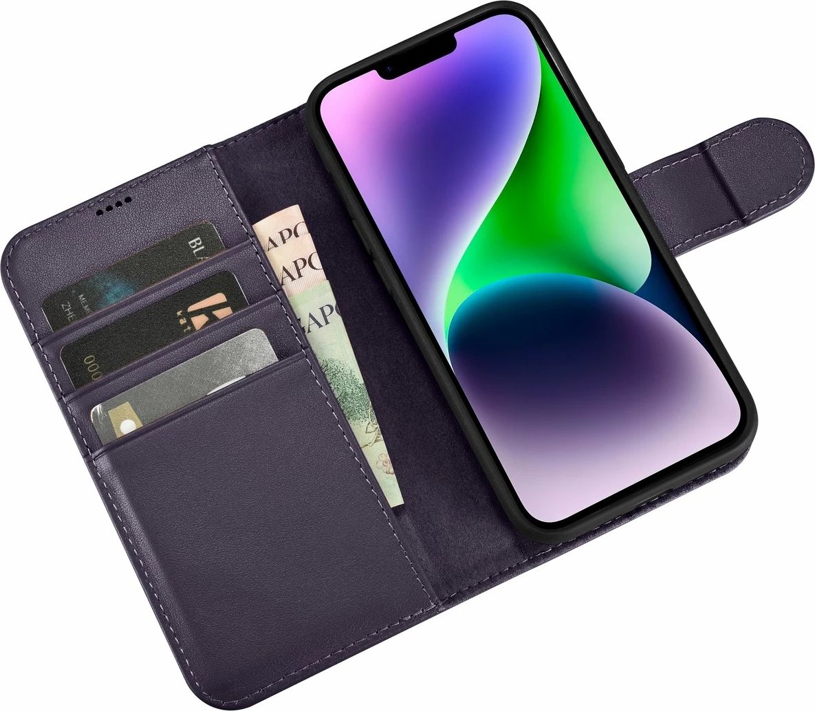 Mbështjellës iCarer Wallet Case 2in1 për iPhone 14, lëkurë natyrale, Anti-RFID, Vjollcë e errët