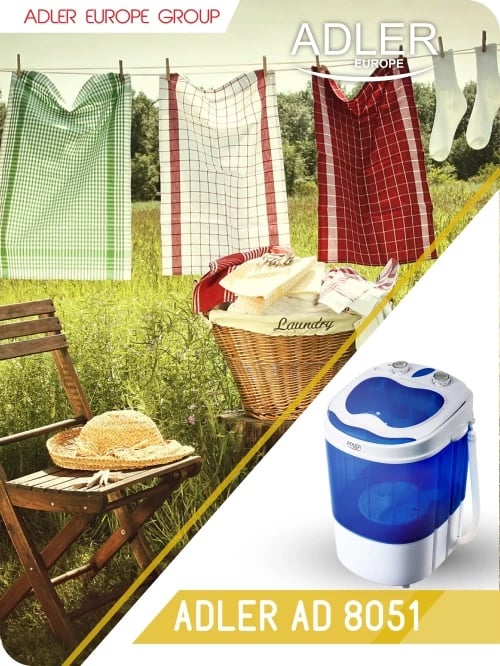 Makineri larëse portative me shtrydhje, Adler AD 8051, 3 kg larje, 1 kg shtrydhje, program 15 min, e bardhë/blu