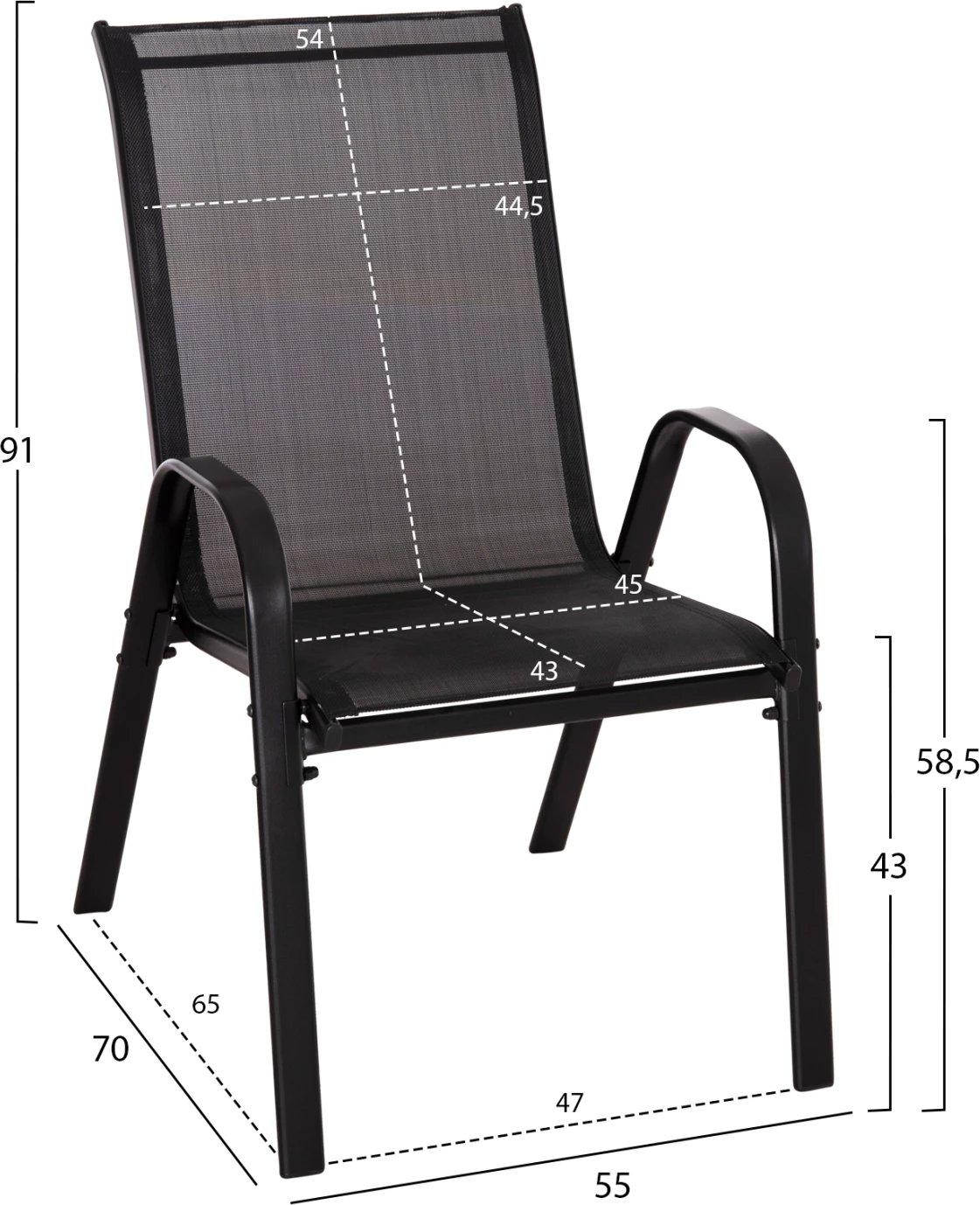 Karrige për jashtë LEON FH5000.43, kornizë metalike e zezë & textilene, set prej 4 copash, 55x70x91Hcm