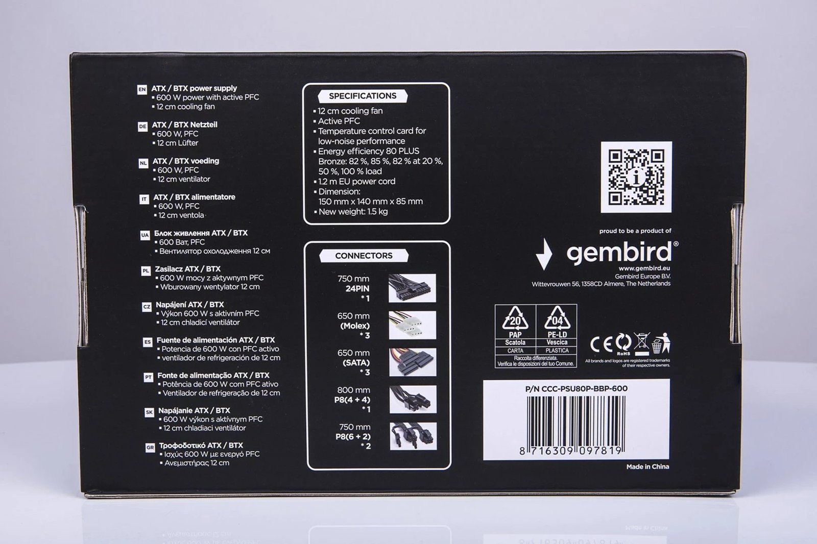 Kasë furnizimi Gembird CCC-PSU80P-BBP-600, 600 W, 80 PLUS Bronze, e zezë