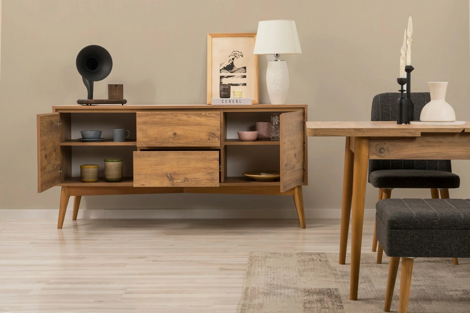 Set tavoline e zgjatshme me karrige dhe konsol (5 copë), Skye Decor, Vina 02 1053, ngjyrë pishë Atlantiku, antracit