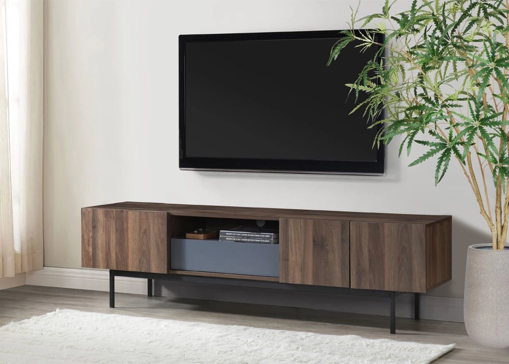 Komodë TV Grooves, 3 dyer, 1 sirtar, ngjyrë arre-gri, 180x40x50cm