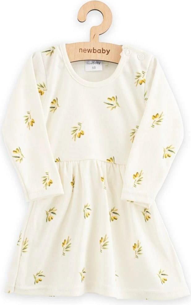 Fustan bebe, New Baby, Olivy, 100% pambuk organik, mëngë të gjata, madhësia 80 (9-12m), bezhë