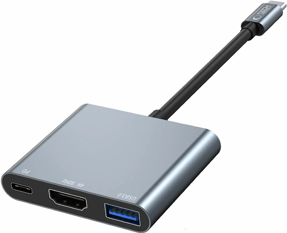 Hub USB-C 3-në-1 Tech-Protect V1 me USB-A 3.0, HDMI 4K 30Hz, PD 100W, gri