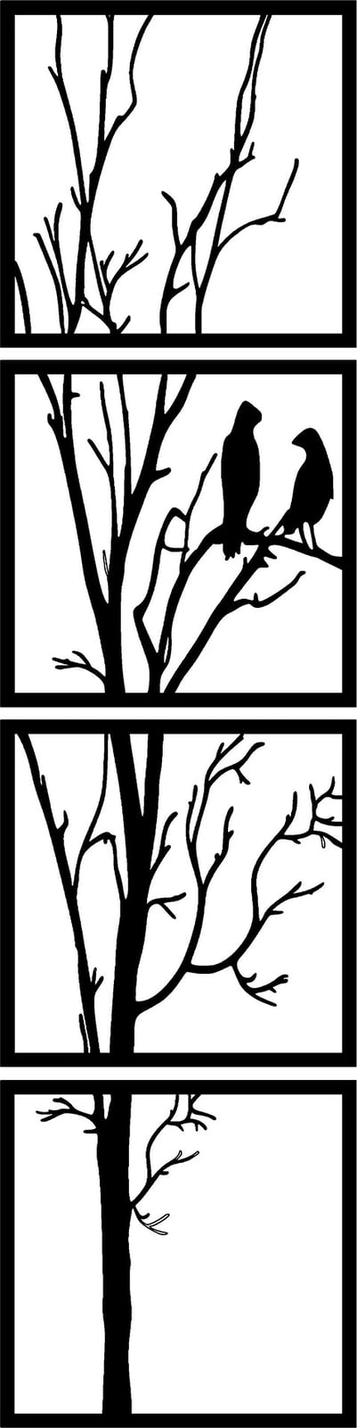 Aksesor dekorativ metalik për mur, dru dhe zogj, ngjyrë e zezë, 44x44cm (4 copë)