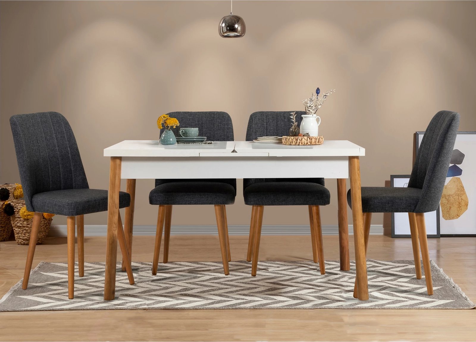 Set tavoline me karrige për ngrënie, e zgjatshme, Skye Decor, Santiago, ngjyrë e bardhë dhe antracit, 5 copë