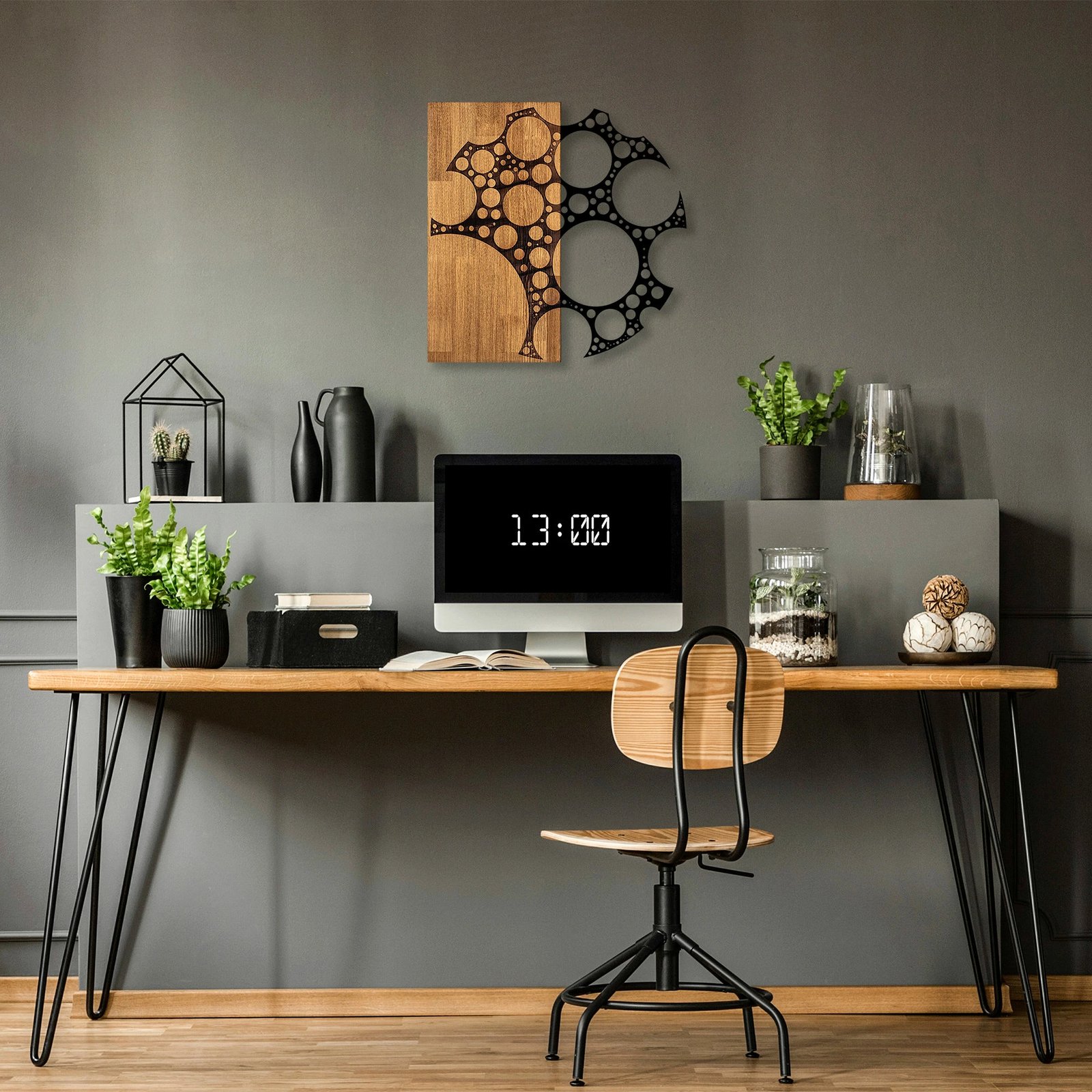 Aksesor dekorativ muri prej druri, Wallity, MA-284, ngjyrë arre dhe e zezë, 58x58cm