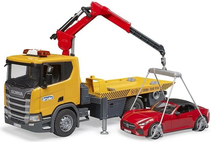 Set lodrash kamion tërheqës Scania Super 560R BRUDER BR-03552 me roadster, dritë dhe zë, verdhë/kuqe