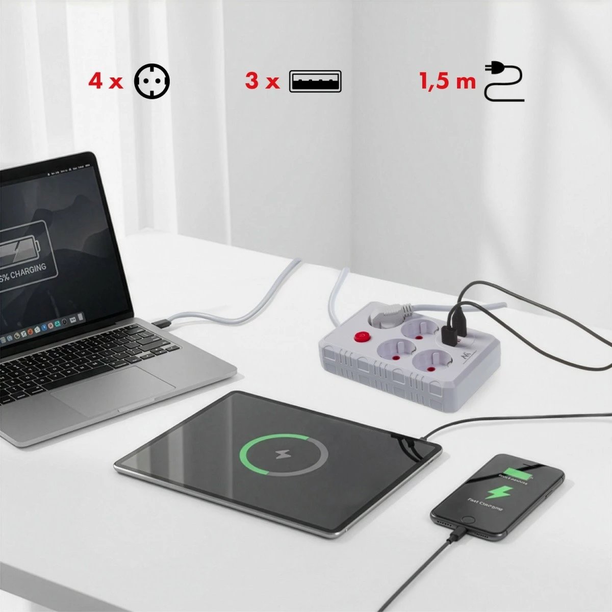 Zgjatues elektrik Maclean MCE392 W, 4 priza Schuko, 3x USB, 2500W, 110-240V, kabllo 1.5m, me çelës, e bardhë