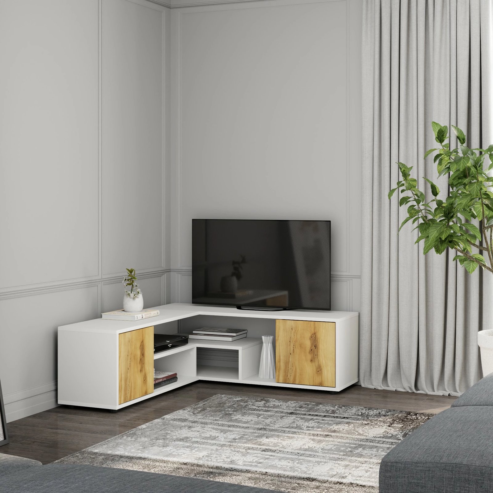 Komodë për TV Skye Decor, ngjyrë e bardhë dhe lis