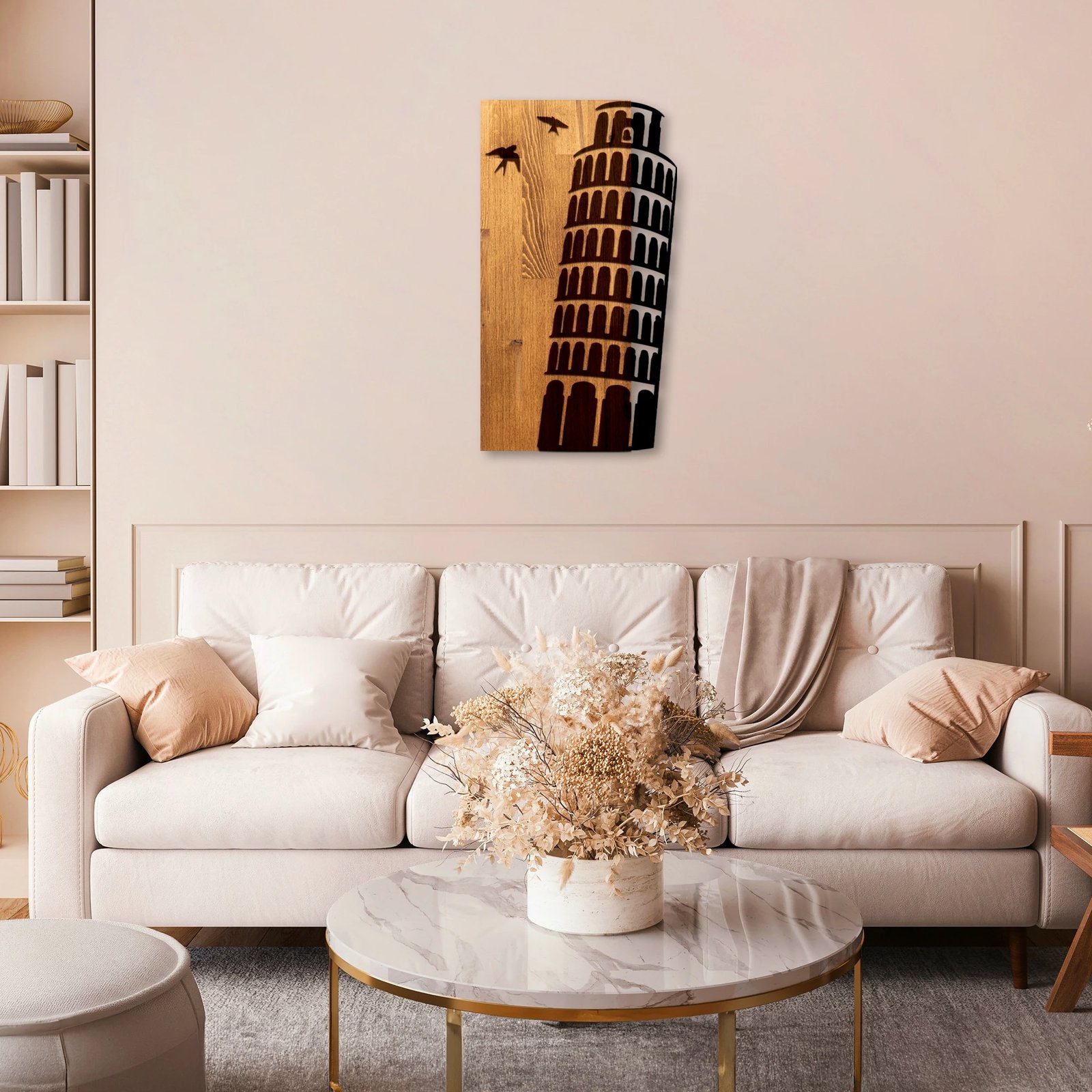 Aksesor dekorativ për mur, dru dhe metal, Kulla e Pizës, ngjyrë arre dhe e zezë