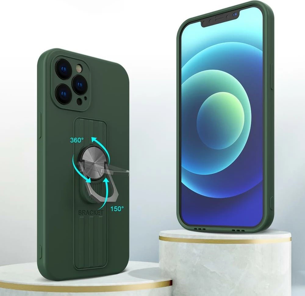 Mbështjellës silikoni Hurtel Ring Case me mbajtëse gishti dhe stand për Samsung Galaxy S21+ 5G, e gjelbër e errët