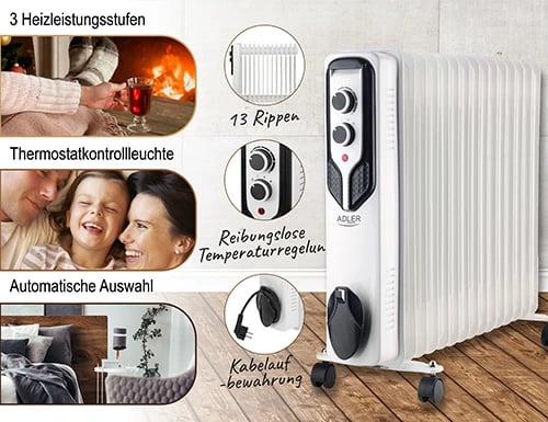 Radiator me vaj, Adler, 7819, 2500W 15 seksione, 3 nivele ngrohjeje, termostat, i bardhë